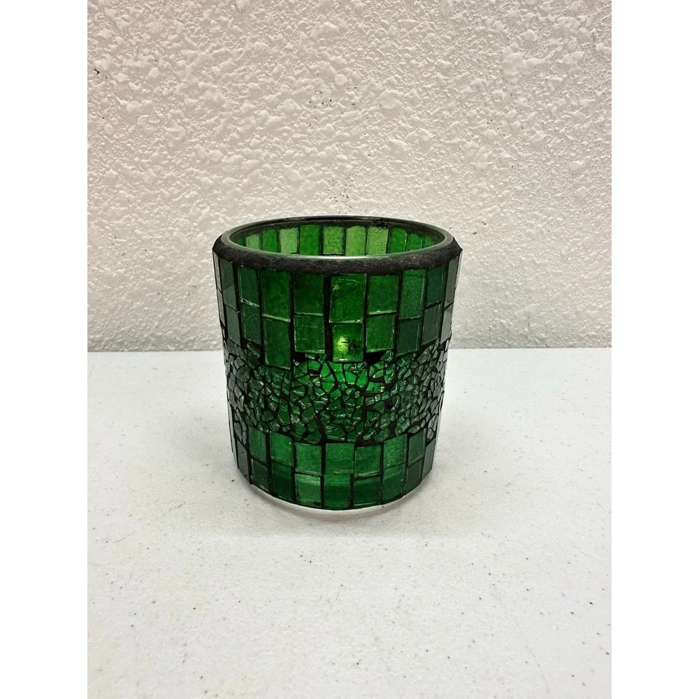 Vintage Green Mosaic Glass Candle Holder